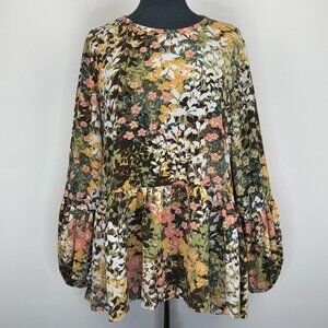 Marallis Women’s Babydoll Blouse L Floral Long Sleeve Round Neck Puff Cuff